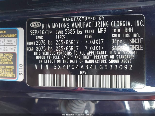 5XYPG4A34LG633092 KIA Sorento 2.4l Lx