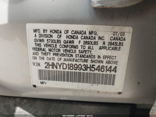 43626064 :رقم المزاد ، 2HNYD18993H546144 vin ، 2003 Acura Mdx مزاد بيع