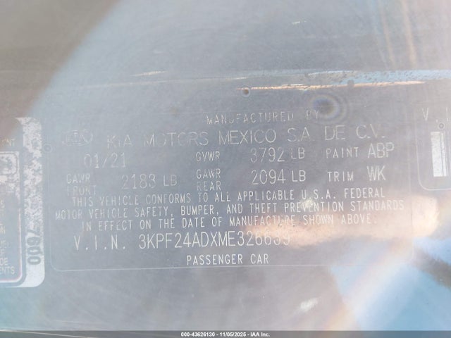 Aukcja sprzedaży 2021 Kia Forte Fe, vin: 3KPF24ADXME326639, numer aukcji: 43626130