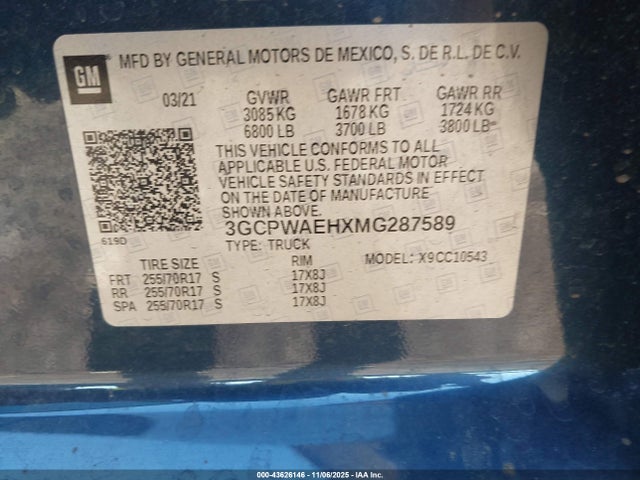 3GCPWAEHXMG287589 Chevrolet Silverado 1500 2wd Short Bed Wt