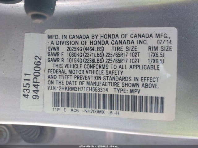 2HKRM3H71EH553314 Honda Cr-v Ex-l