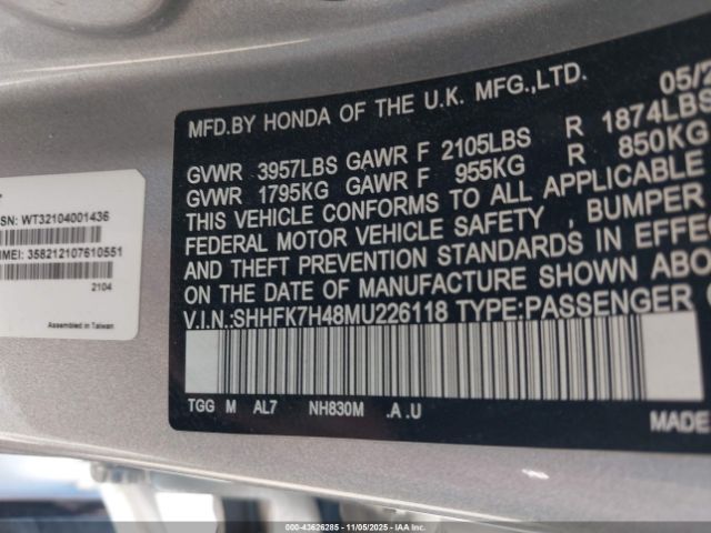 2021 HONDA CIVIC SHHFK7H48MU226118 Photo 8