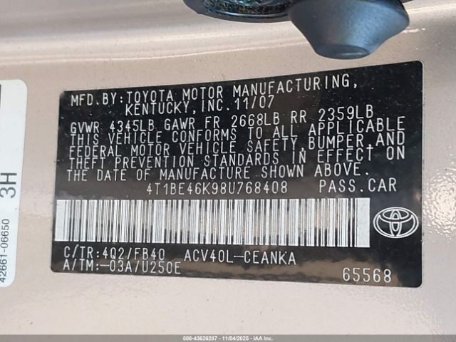 2008 TOYOTA CAMRY 4T1BE46K98U768408 Photo 8