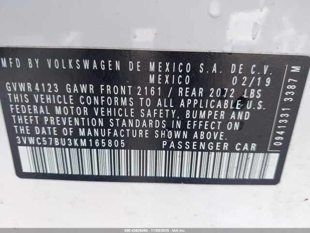 Продажа на аукционе авто 2019 Volkswagen Jetta 1.4t R-line/1.4t S/1.4t Se, vin: 3VWC57BU3KM165805, номер лота: 43626460