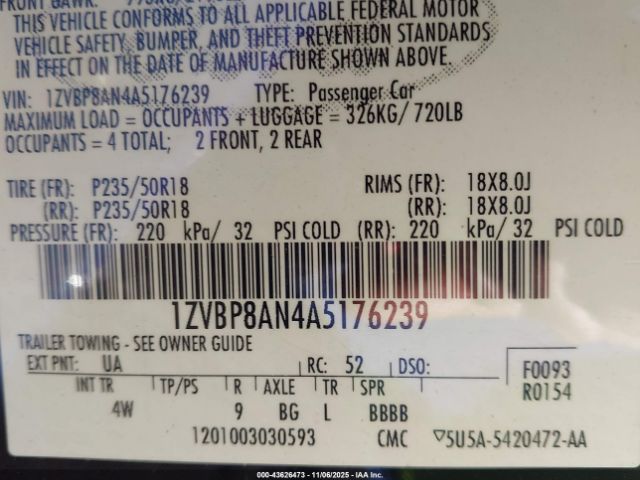 2010 FORD MUSTANG 1ZVBP8AN4A5176239 Photo 8