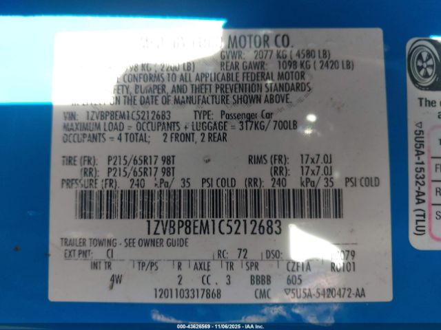 2012 FORD MUSTANG 1ZVBP8EM1C5212683 Photo 8