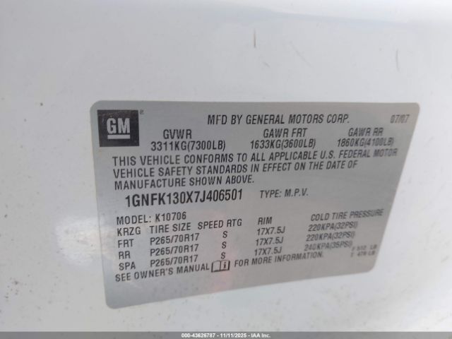 2007 CHEVROLET TAHOE 1GNFK130X7J406501 Photo 8