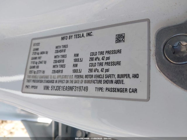 Aukcja sprzedaży 2022 Tesla Model 3 Rear-wheel Drive, vin: 5YJ3E1EA9NF319749, numer aukcji: 43626999