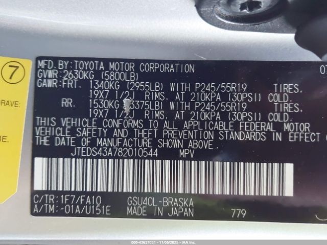 2008 TOYOTA HIGHLANDER JTEDS43A782010544 Photo 8