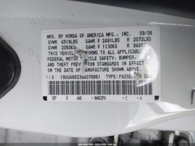 2006 ACURA TL 19UUA66236A076861 Photo 8