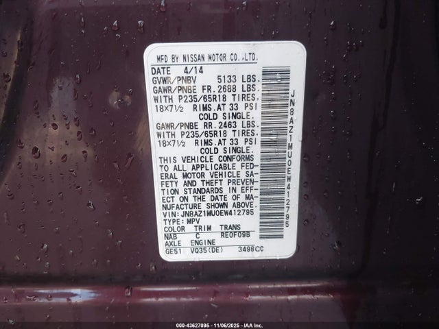 JN8AZ1MU0EW412795 Nissan MURANO SL