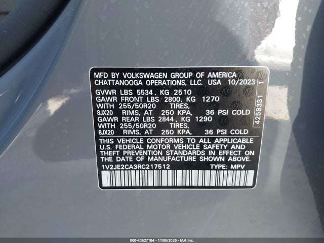 1V2JE2CA3RC217512 Volkswagen Atlas Cross Sport 2.0t Se W/technology