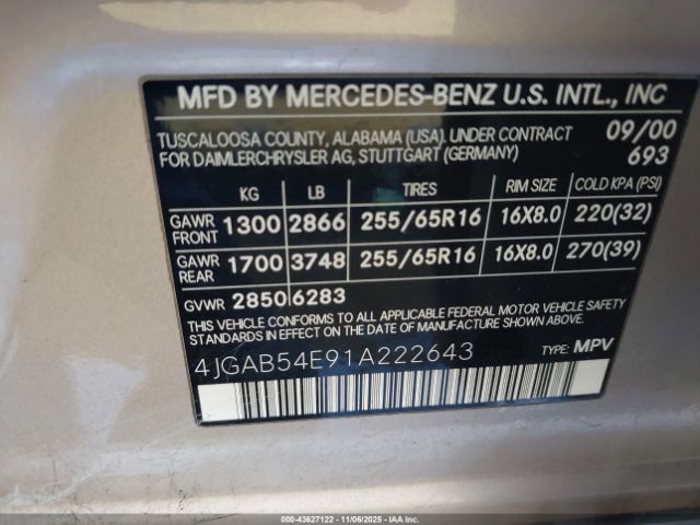 2001 MERCEDES-BENZ ML 320 4JGAB54E91A222643 Photo 8