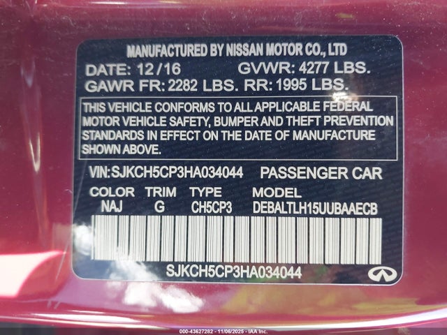 43627282 :رقم المزاد ، SJKCH5CP3HA034044 vin ، 2017 Infiniti Qx30 Sport مزاد بيع