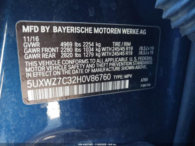 2017 BMW X3 5UXWZ7C32H0V86760 Photo 8