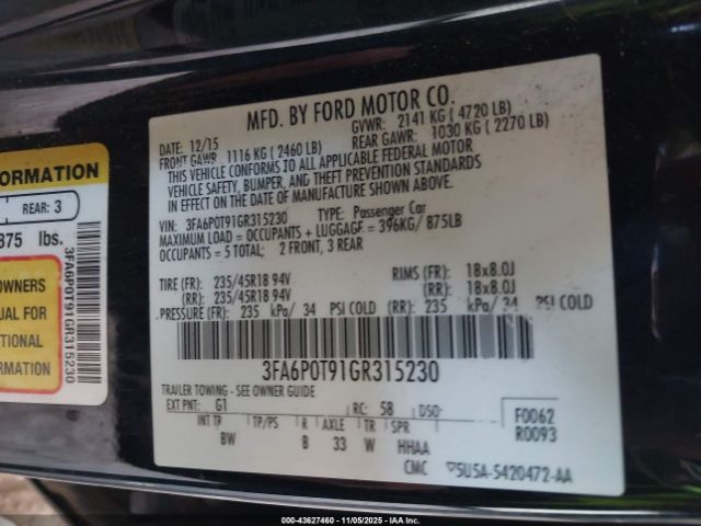 2016 FORD FUSION 3FA6P0T91GR315230 Photo 8