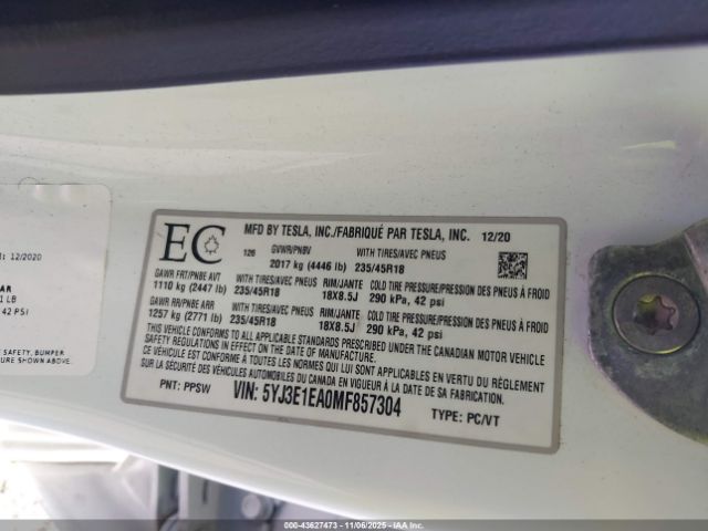 2021 TESLA MODEL 3 5YJ3E1EA0MF857304 Photo 8