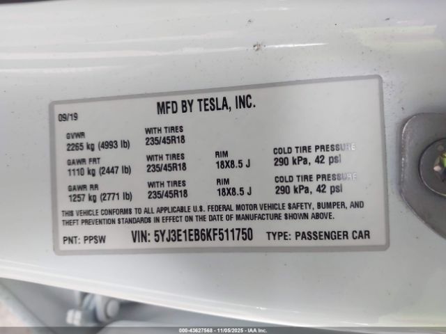 2019 TESLA MODEL 3 5YJ3E1EB6KF511750 Photo 8