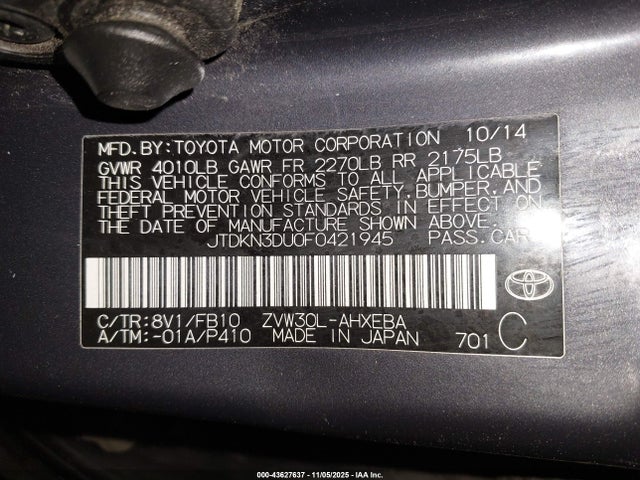 JTDKN3DU0F0421945 Toyota Prius Two