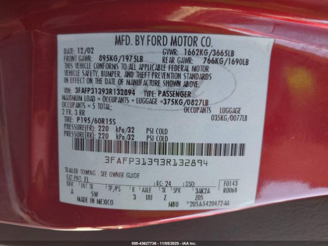 2003 FORD FOCUS 3FAFP31393R132894 Photo 8