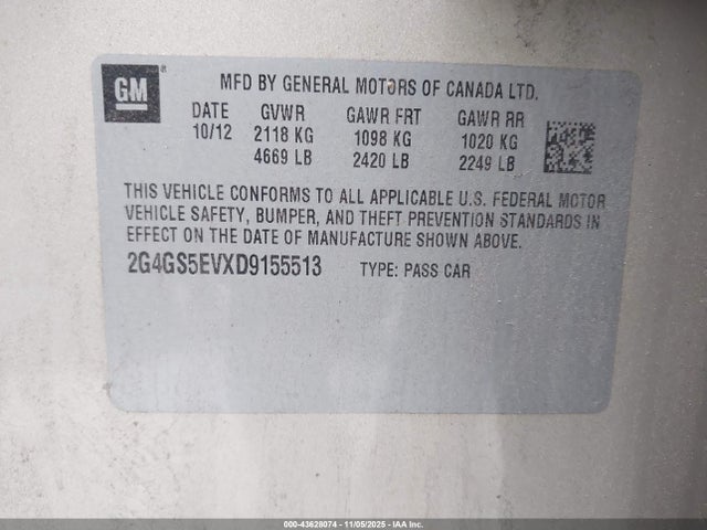 2013 Buick Regal Turbo - Premium 1 მანქანა იყიდება აუქციონზე, vin: 2G4GS5EVXD9155513, აუქციონის ნომერი: 43628074