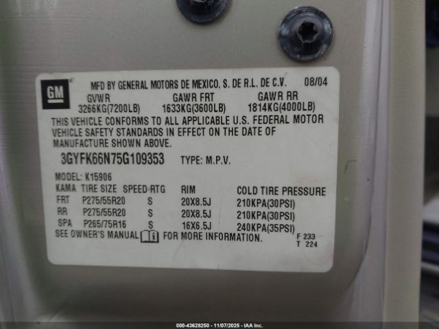 2005 CADILLAC ESCALADE ESV 3GYFK66N75G109353 Photo 8