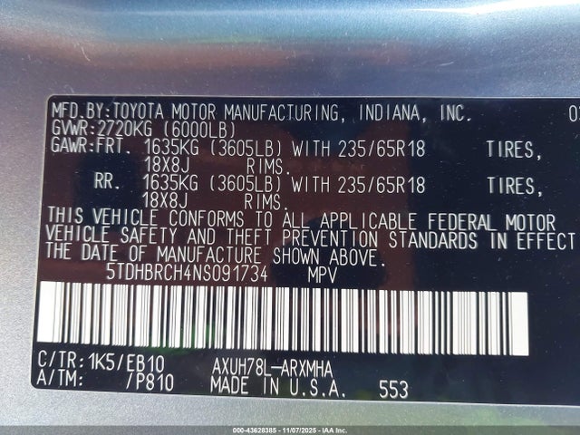 Aukcja sprzedaży 2022 Toyota Highlander Hybrid Xle, vin: 5TDHBRCH4NS091734, numer aukcji: 43628385