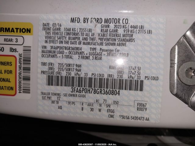 2016 FORD FUSION 3FA6P0H78GR360804 Photo 8