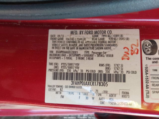 2012 FORD FUSION 3FAHP0JAXCR178305 Photo 8