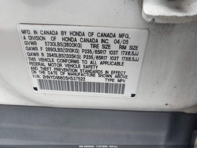 2005 ACURA MDX 2HNYD18805H537522 Photo 5