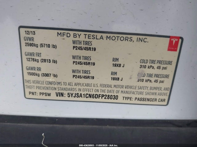 Aukcja sprzedaży 2013 Tesla Model S, vin: 5YJSA1CN6DFP28030, numer aukcji: 43628503