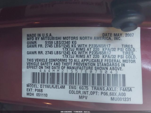 2007 MITSUBISHI ENDEAVOR 4A4MM21S57E079043 Photo 8