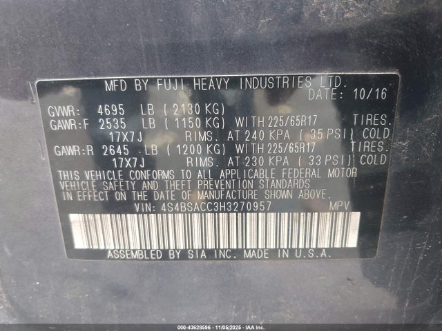 2017 Subaru Outback 2.5i Premium მანქანა იყიდება აუქციონზე, vin: 4S4BSACC3H3270957, აუქციონის ნომერი: 43628596