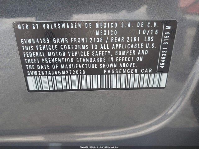 2016 Volkswagen Jetta 1.4t S მანქანა იყიდება აუქციონზე, vin: 3VW267AJ4GM272028, აუქციონის ნომერი: 43628656