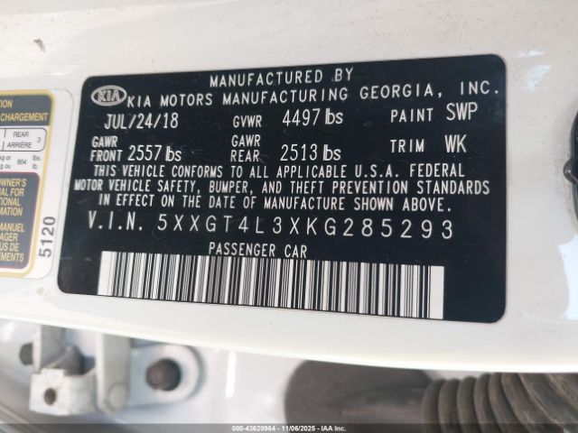 2019 KIA OPTIMA 5XXGT4L3XKG285293 Photo 8