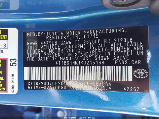 2019 TOYOTA CAMRY 4T1B61HK1KU215168 Photo 8