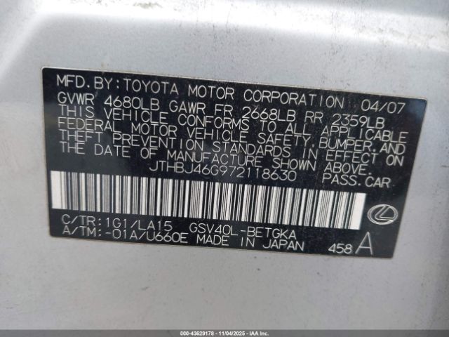 2007 LEXUS ES 350 JTHBJ46G972118630 Photo 8