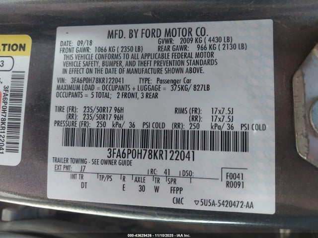 2019 FORD FUSION 3FA6P0H78KR122041 Photo 8