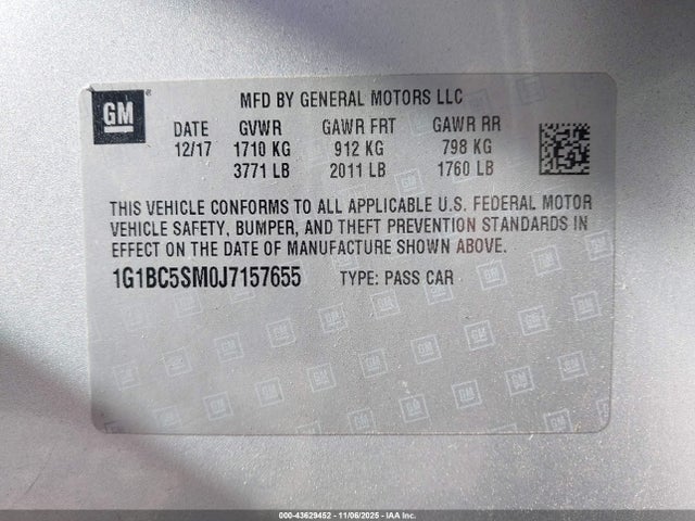 1G1BC5SM0J7157655 Chevrolet le2 -di: direct injection, vvt: variable valve timing, gen, alum