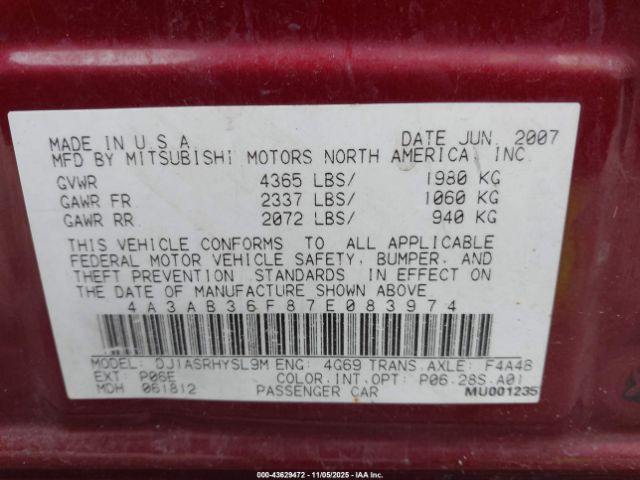 2007 MITSUBISHI GALANT 4A3AB36F87E083974 Photo 8