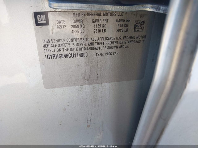 43629528 :رقم المزاد ، 1G1RH6E46CU114900 vin ، 2012 Chevrolet Volt مزاد بيع