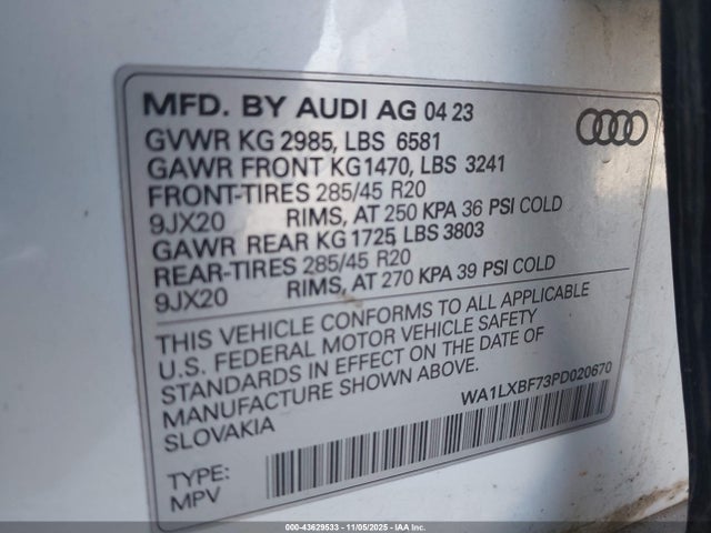 2023 Audi Q7 Premium Plus 55 Tfsi Quattro Tiptronic მანქანა იყიდება აუქციონზე, vin: WA1LXBF73PD020670, აუქციონის ნომერი: 43629533