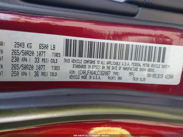 2020 JEEP GRAND CHEROKEE 1C4RJFAG4LC162087 Photo 8