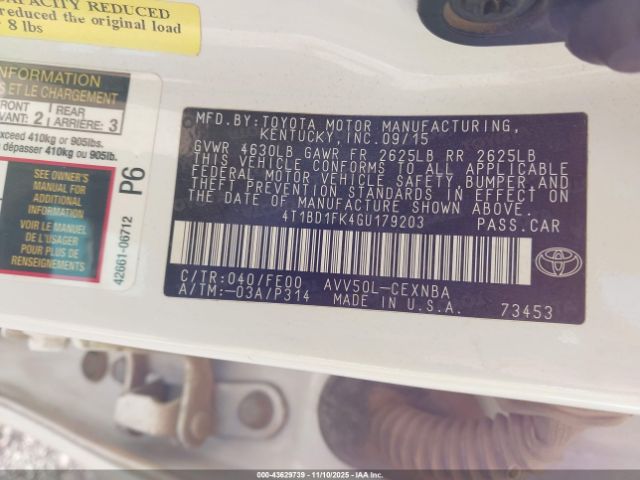 2016 TOYOTA CAMRY HYBRID 4T1BD1FK4GU179203 Photo 8