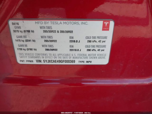 2016 TESLA MODEL X 5YJXCAE49GF000369 Photo 8