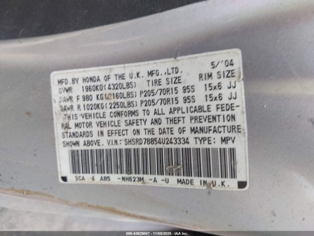 2004 HONDA CR-V SHSRD78854U243334 Photo 8