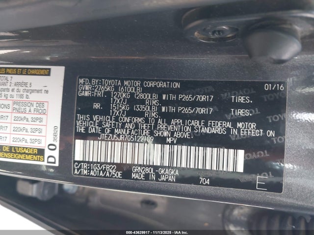 Продажа на аукционе авто 2016 Toyota 4runner Sr5, vin: JTEZU5JR7G5122109, номер лота: 43629917