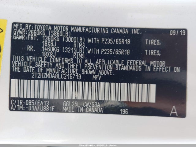 43629949 :رقم المزاد ، 2T2HZMDA8LC216719 vin ، 2020 Lexus Rx 350 مزاد بيع