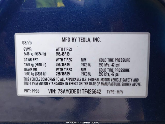 43629983 :رقم المزاد ، 7SAYGDED1TF425642 vin ، 2026 Tesla Model Y Rwd مزاد بيع