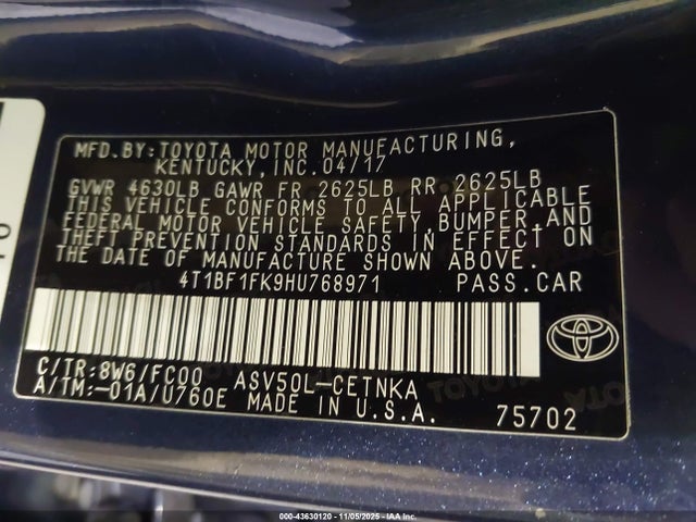 2017 Toyota Camry Le მანქანა იყიდება აუქციონზე, vin: 4T1BF1FK9HU768971, აუქციონის ნომერი: 43630120